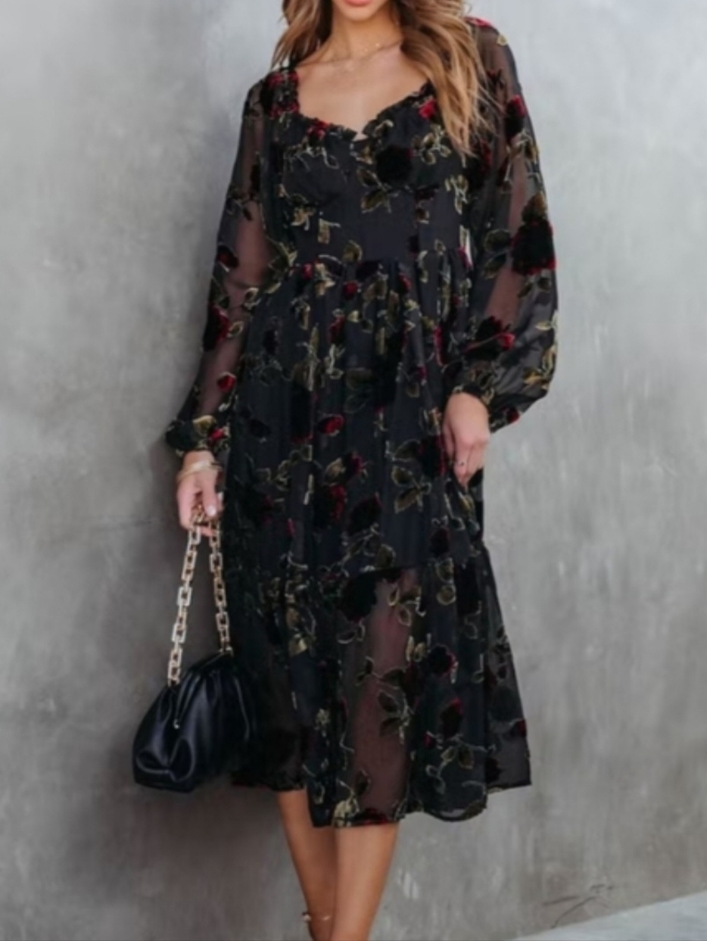 VICI Never Forget Me Burnout Floral Midi Dress in Black with Red Accents